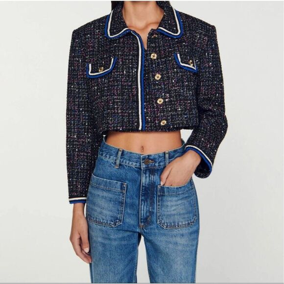 Sandro Vicky Tweed Cropped Jacket - Picture 1 of 11